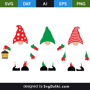 Three White Beard Red and Green Hat Christmas Gnomes SVG, PNG, DXF Design